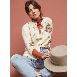 Anthropologie Field Flower Tuileries Cardigan Ivory Beaded Size XS EUC